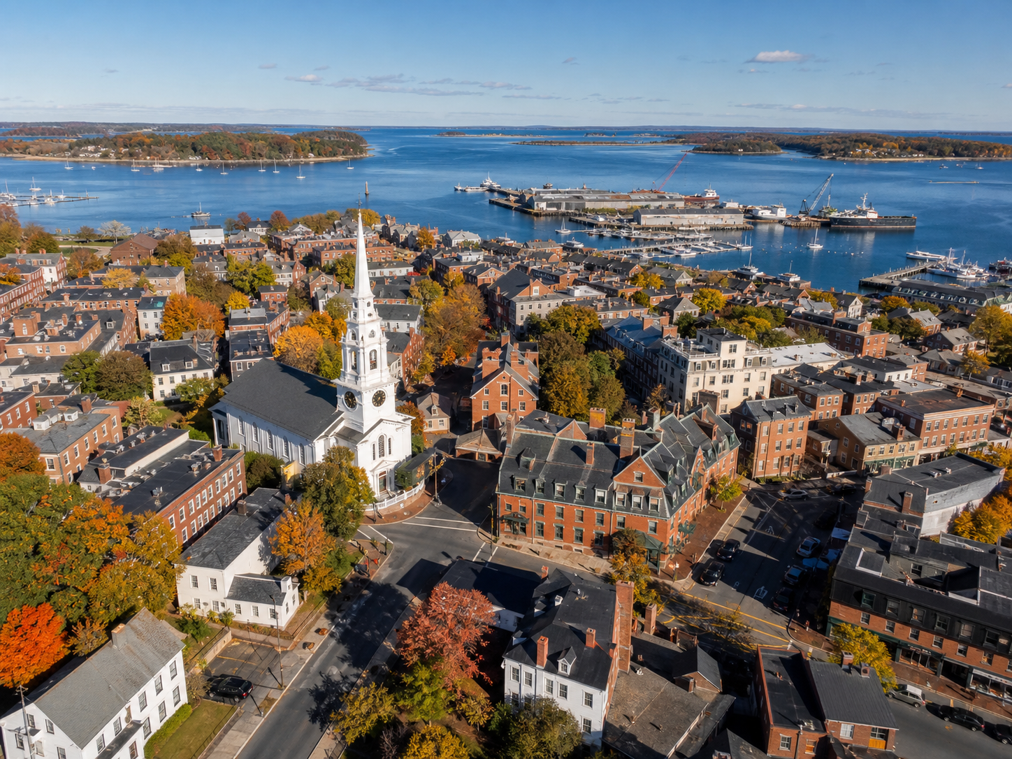 A vibrant historic New Hampshire seacoast community beside a working harbor